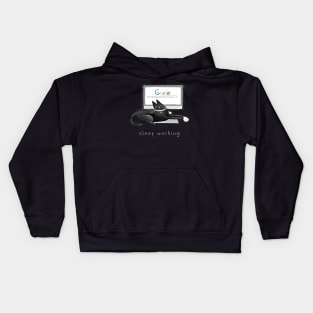 Cartoon black sleeping cat on a laptop and the inscription "Sleep working". Kids Hoodie